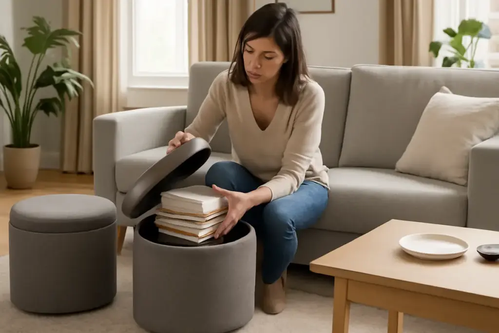 Come integrare i pouf contenitore nel salotto moderno? Soluzione salvaspazio che riduce anche la polvere